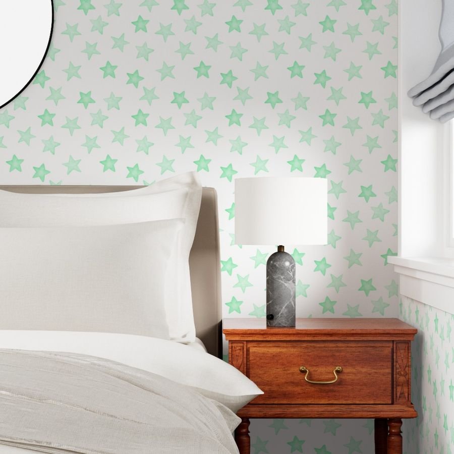Large Faded Mint Christmas Stars on White Wallpaper star print wallpaper