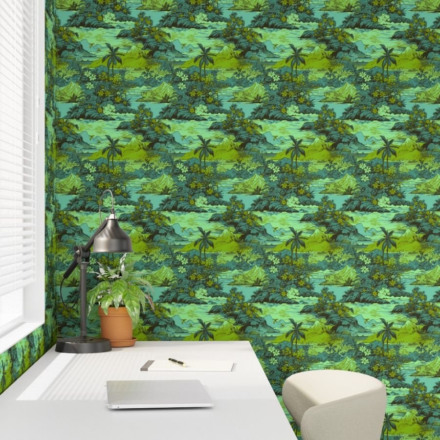 Small Vintage Hawaiian Landscape in Lime and Aqua Wallpaper tropical print wallpaper