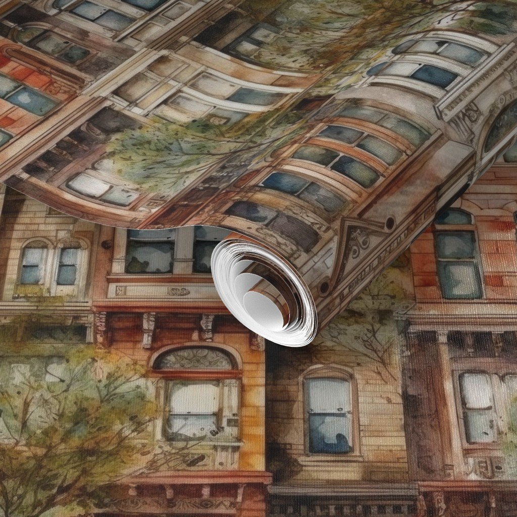 Brownstone Buildings in Varied Tones of Brown Watercolor Wallpaper arches wallpaper