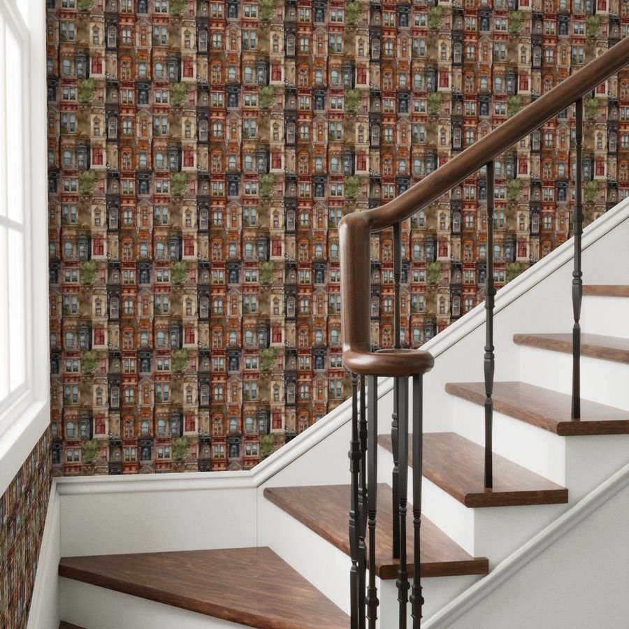 Brownstone Buildings in Varied Tones of Brown Watercolor Wallpaper arches wallpaper