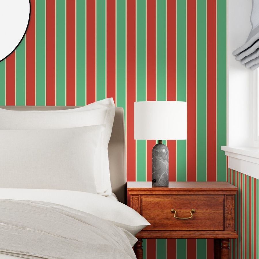 3 Inch Red Vermillion Green and Yellow Gold Vintage Christmas Stripe Wallpaper vinage tent stripe wallpaper