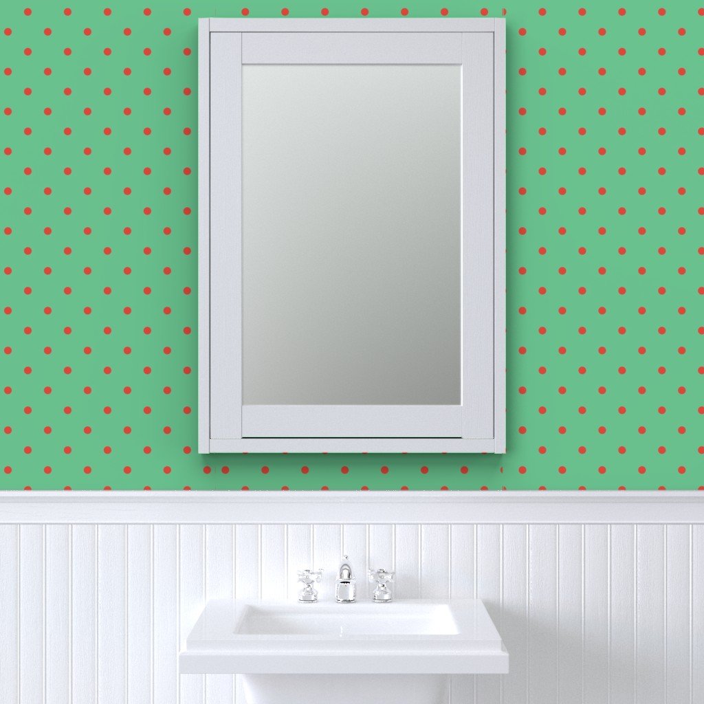 Red Vermillion Polka Dots on Vintage Christmas Green Wallpaper yellow polkadot wallpaper