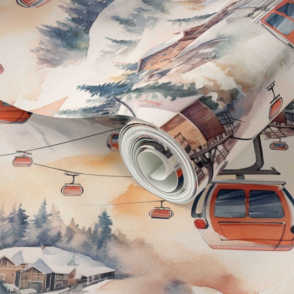 Vintage Ski Slope Cabins in Soft Pastels Wallpaper winter scene wallpaper