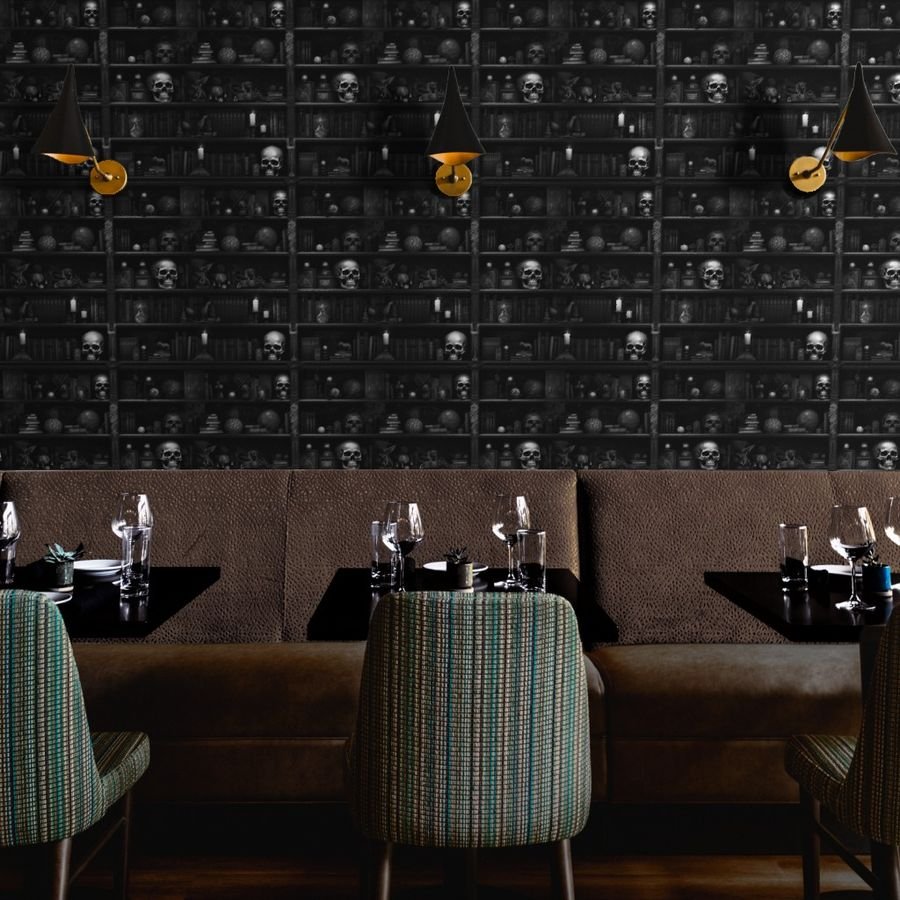 Spooky Photo realistic Dark Academia Bookshelves in Black and White Wallpaper green skull wallpaper