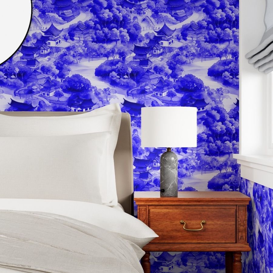 Small Chinese Village in Royal Blue Porcelain Glaze Wallpaper blue porcelain wallpaper