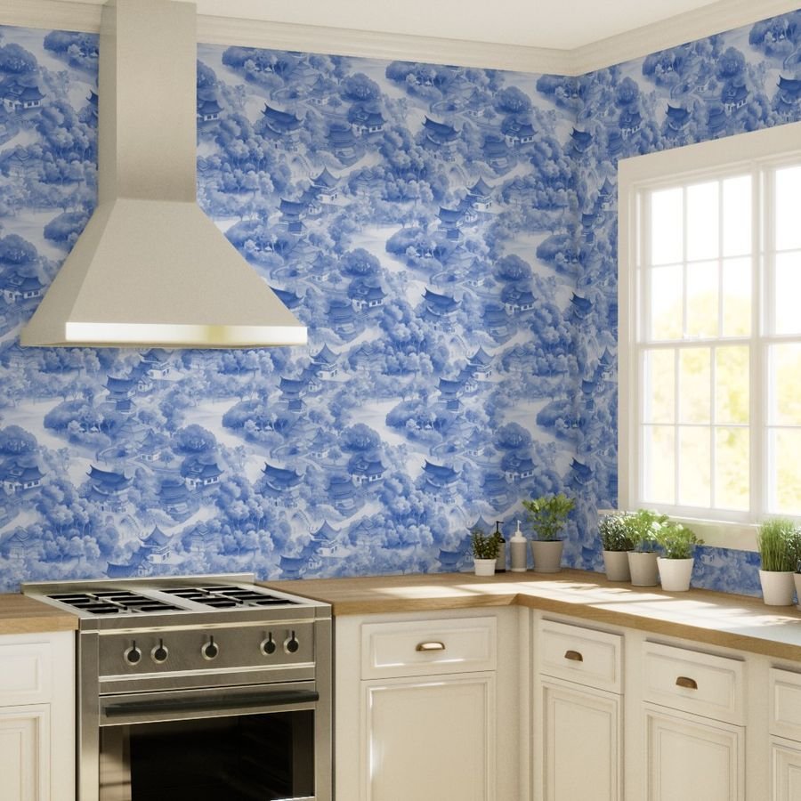 Small Chinese Village in Light Blue Porcelain Glaze Wallpaper chinese china wallpaper