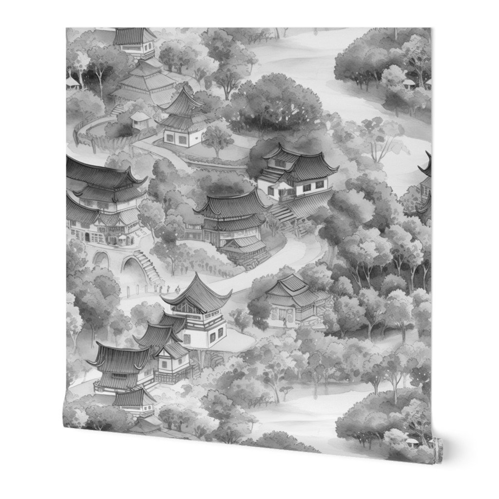 Small Chinese Village in Grey Porcelain Glaze Wallpaper chinese china wallpaper