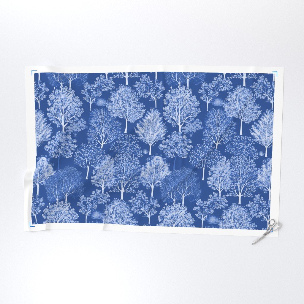 New England Endless Forest Trees Winter Light Blue Porcelain Glaze Fabric blue print fabric