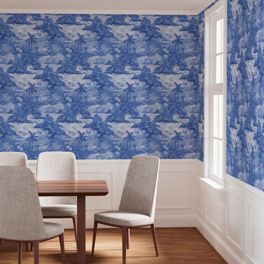 Vintage Hawaiian Landscape in Light Blue Porcelain Glaze Wallpaper hawaiian islands wallpaper