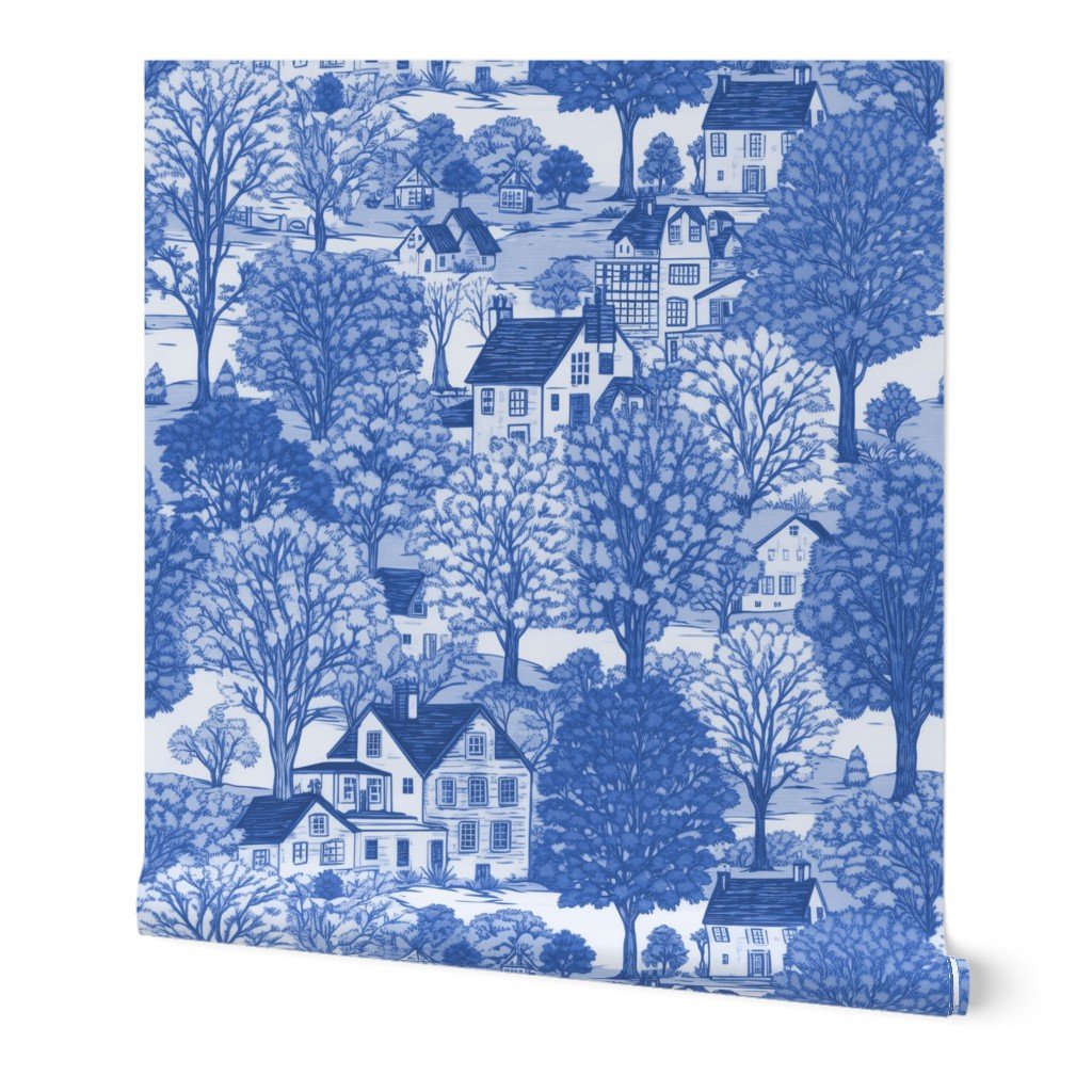 New England Village Houses with Trees in Light Blue Porcelain Glaze Wallpaper village print wallpaper