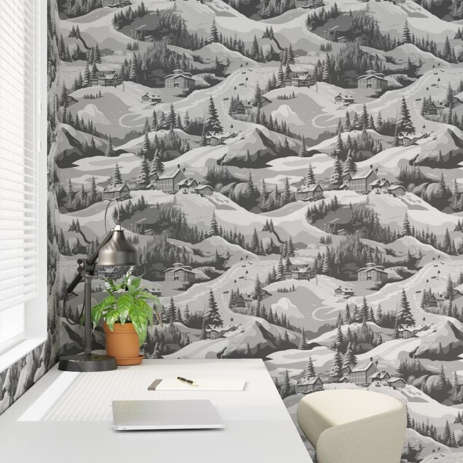 Small Montana Winter Cabins Montana with Evergreens in Grey Wallpaper winter forest wallpaper