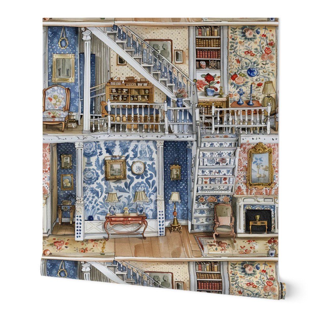 Victorian Dollshouse with Period Decor in Watercolor 2 Interior Collection Decor Collection doll rooms wallpaper