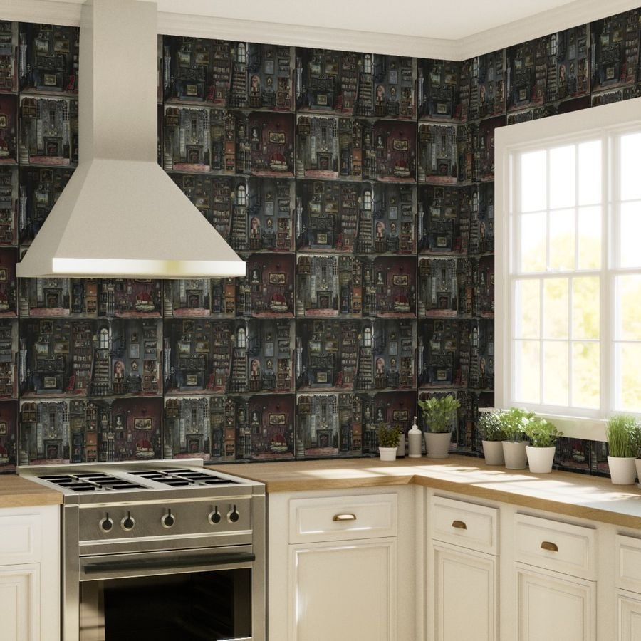 Victorian Gothic Dollshouse with Dark Academia Watercolor Decor 2 Wallpaper miniature rooms wallpaper