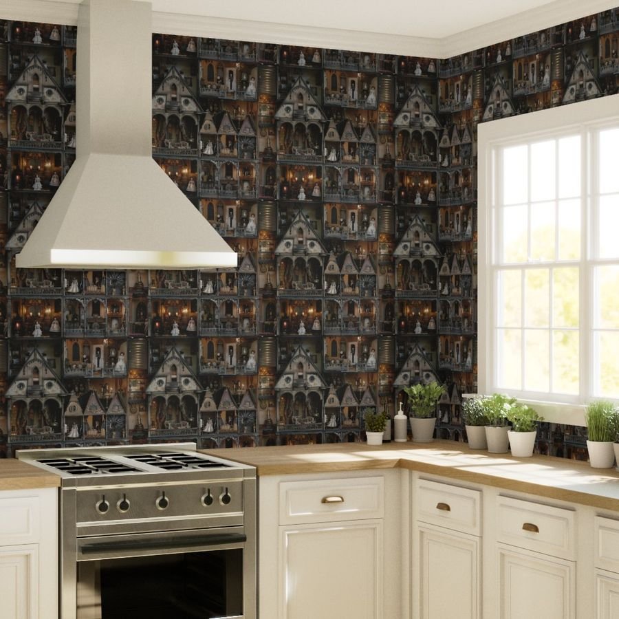 Victorian Gothic Haunted Dollshouse with Dolls in Dark Academia Wallpaper miniature decor wallpaper
