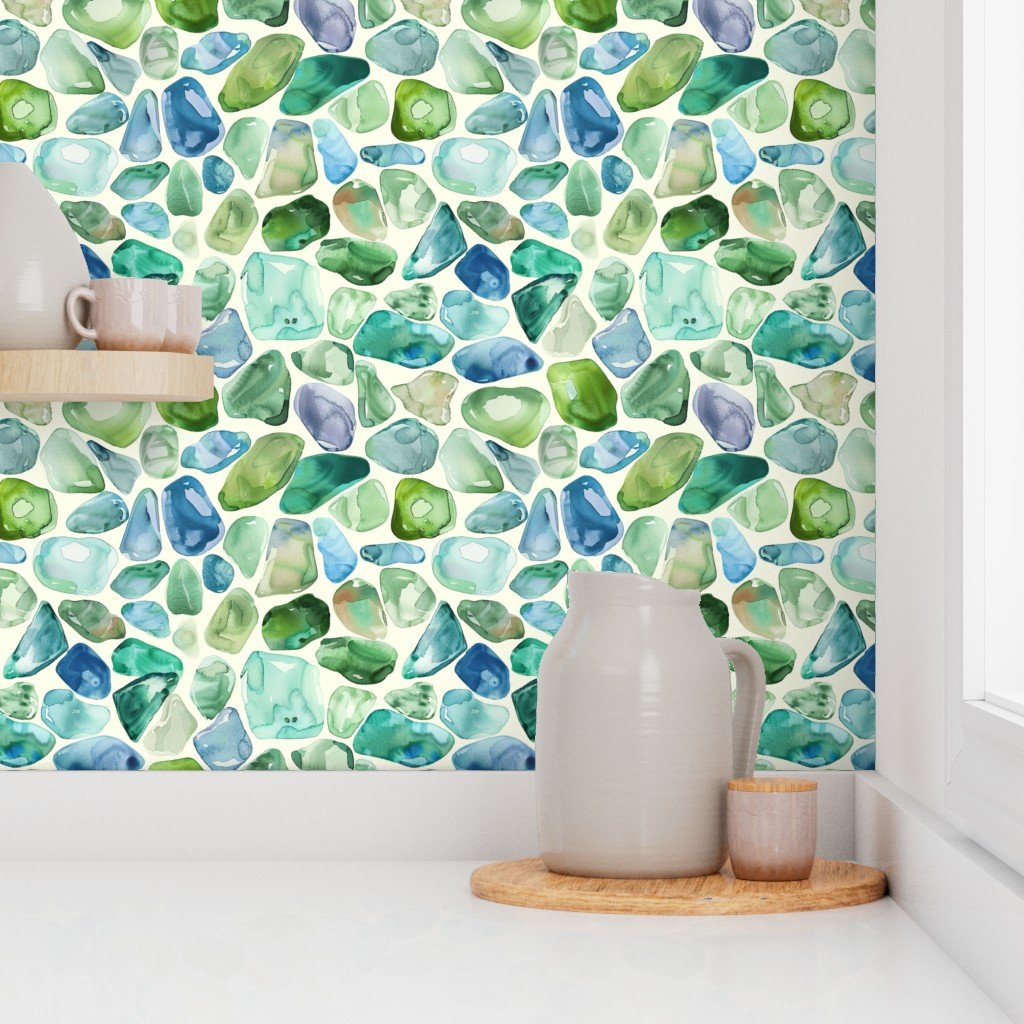 Blue and Green Shards of Tumbled and Scattered Watercolor Seaglass Wallpaper watercolor pattern wallpaper