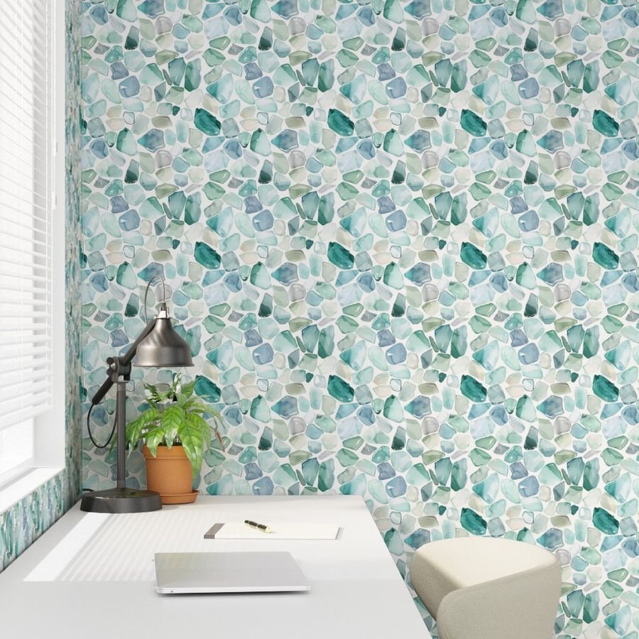 Blue and Aqua Shards of Tumbled and Scattered Watercolor Seaglass Wallpaper watercolor pattern wallpaper