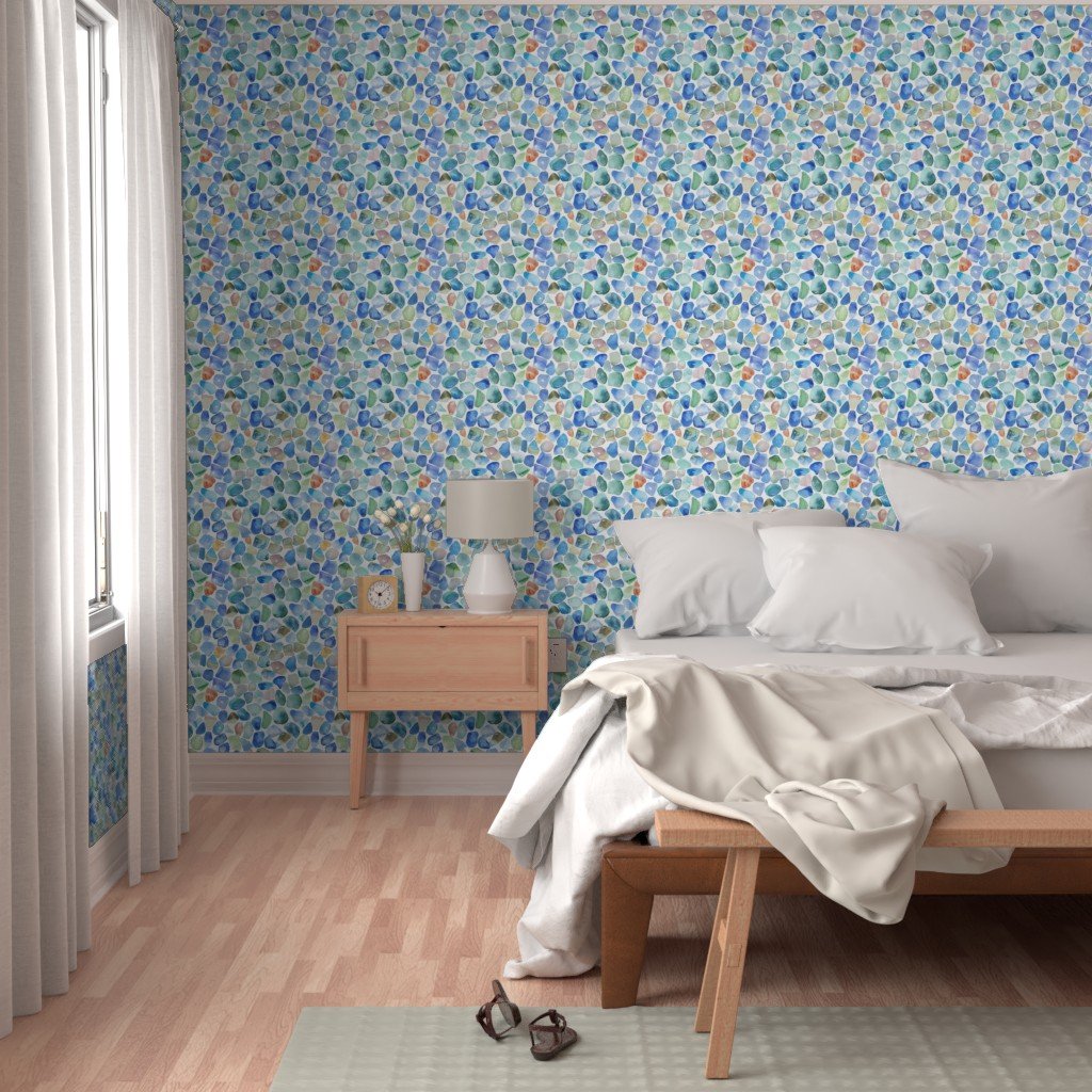 Blue Toned Shards of Tumbled and Scattered Watercolor Seaglass Wallpaper watercolor pattern wallpaper