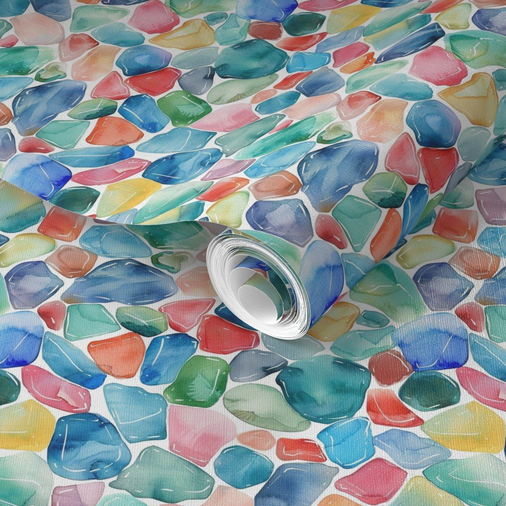 Blue and Multicolor Shards of Tumbled and Scattered Watercolor Wallpaper watercolor tile wallpaper