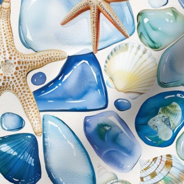 Blue and Sand Seashells and Shards of Tumbled and Scattered Watercolor Home Decor Collection Home Decor Collection blue sand beach fabric design