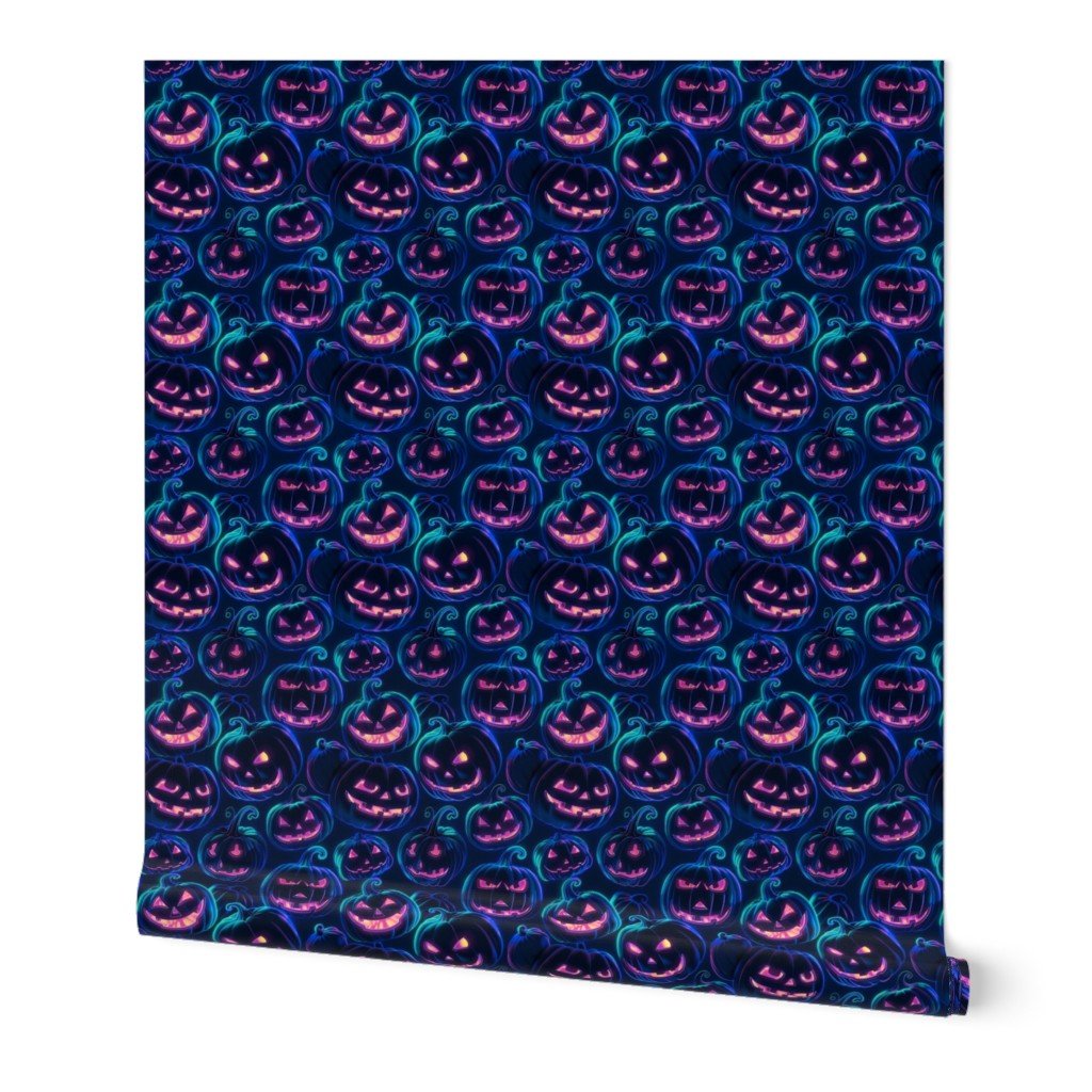 Neon Blue Halloween Pumpkins Glowing in the Dark Wallpaper neon blue wallpaper