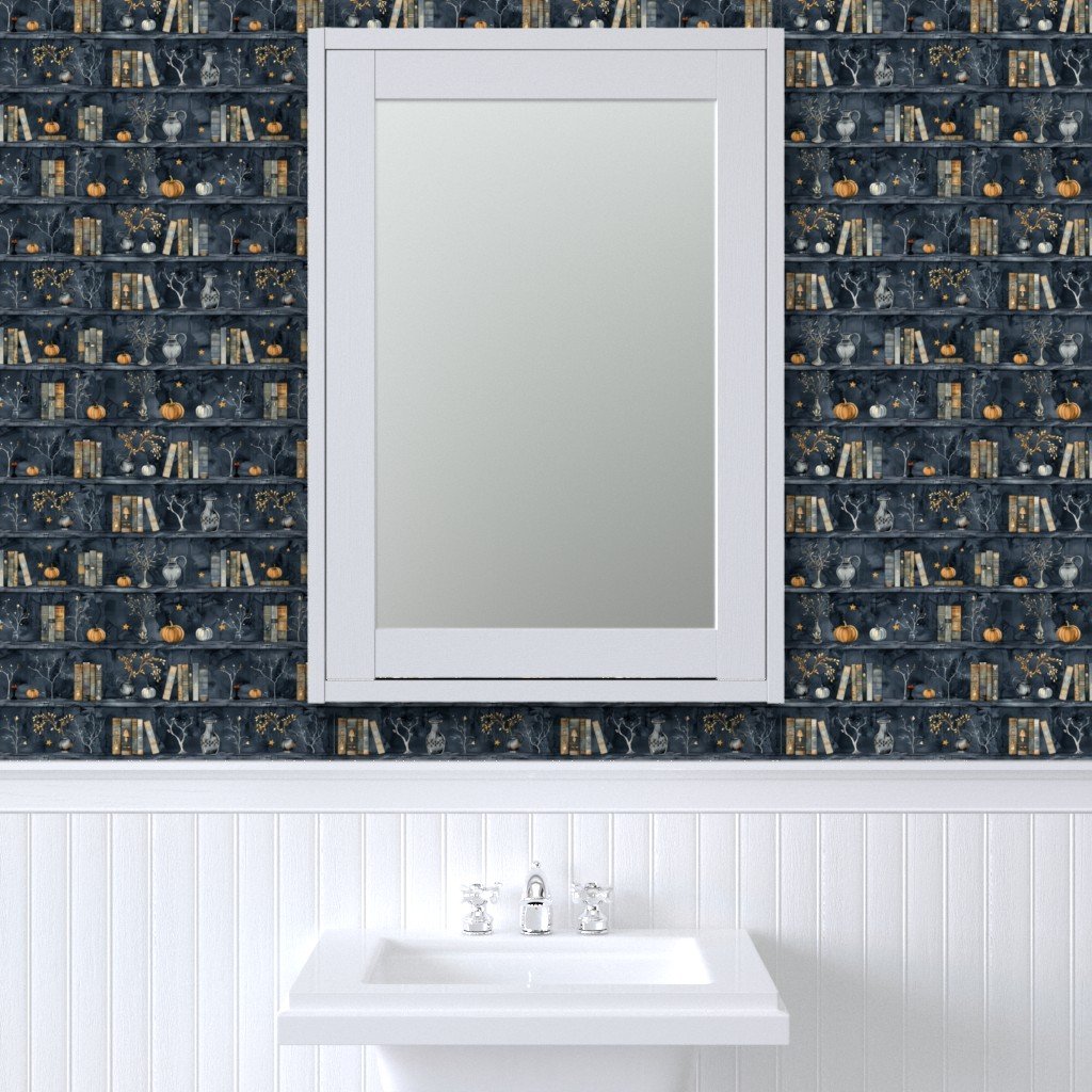 Dark Blue Halloween Pumpkins and Vases on Vintage Bookcase Wallpaper books wallpaper