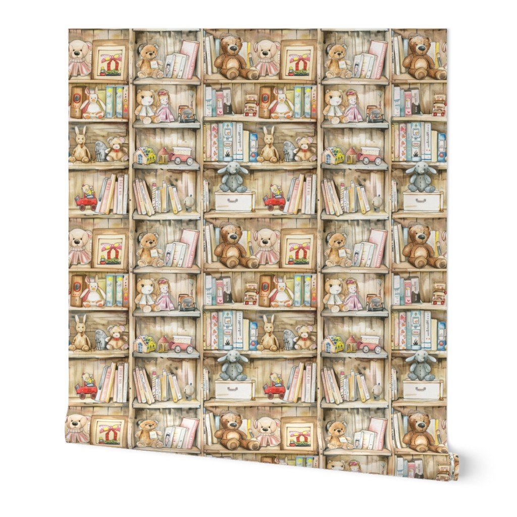 Vintage Bookcase with Teddy Bears and Toys for Kids