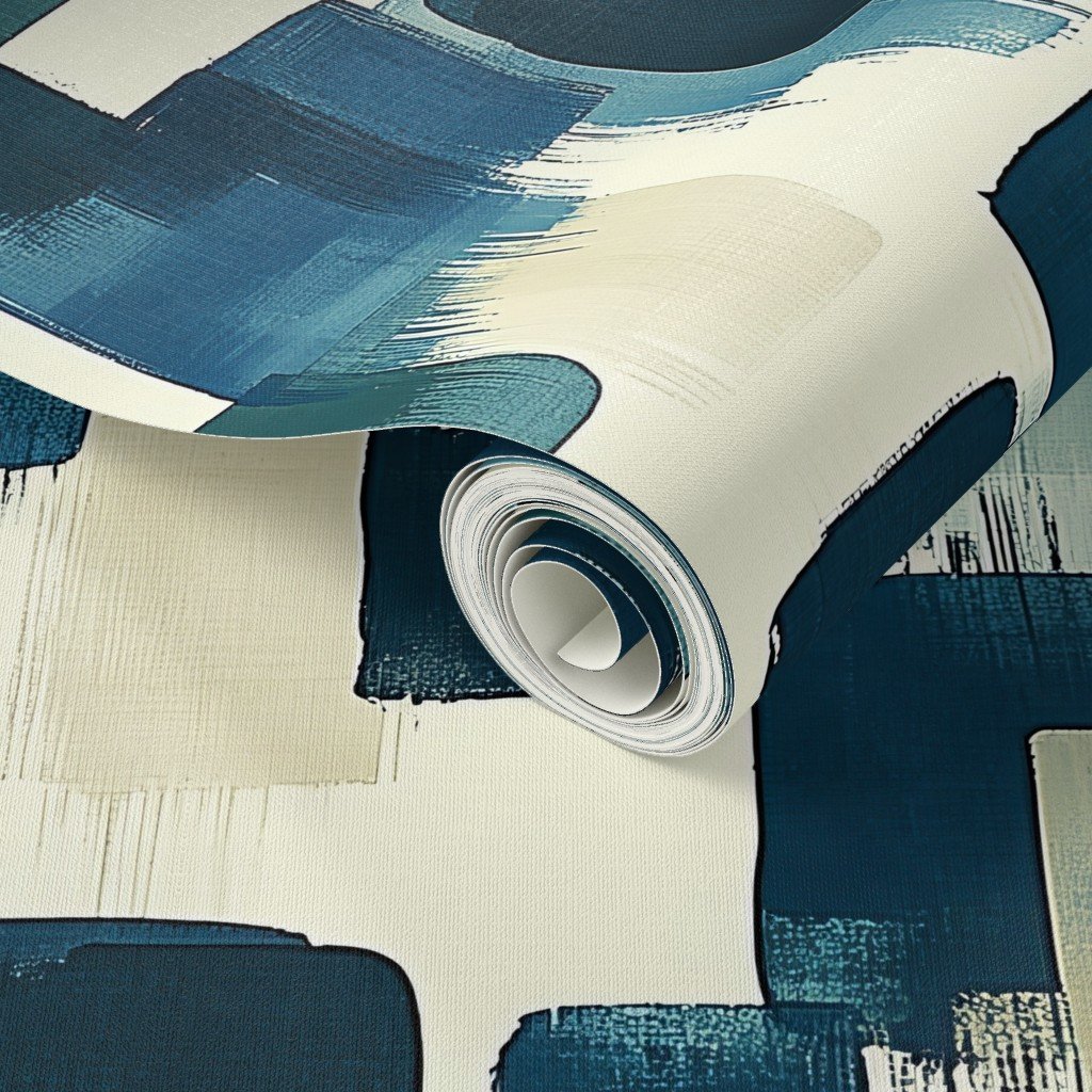 Large Abstract Brushstroke City Blocks in Deep Blue and Teal Wallpaper abstract wallpaper