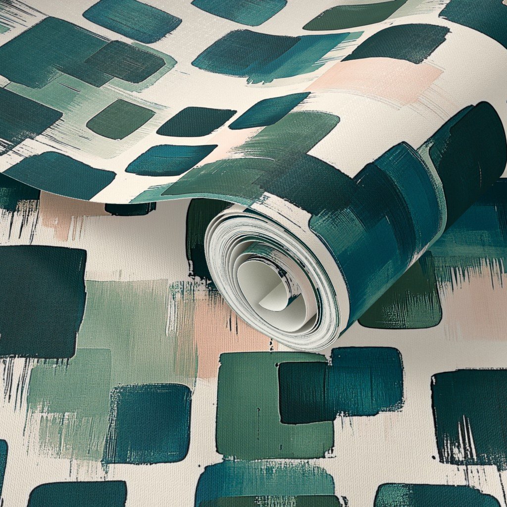 Abstract Earthy Brushstroke Blocks in Teal and Soft Peach Wallpaper brushstroke wallpaper