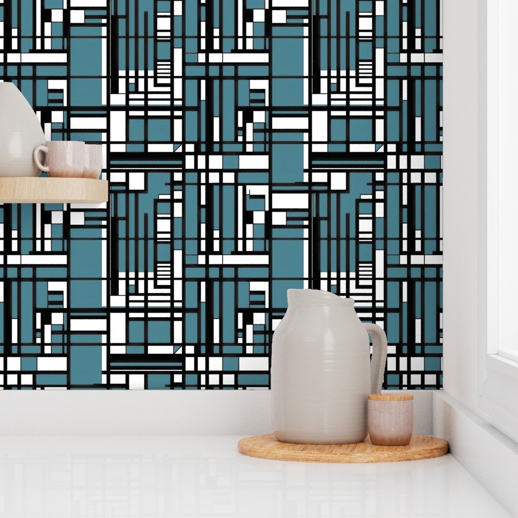 Dusty Teal Modernist City Blocks Geometric Pattern Wallpaper modern grid wallpaper