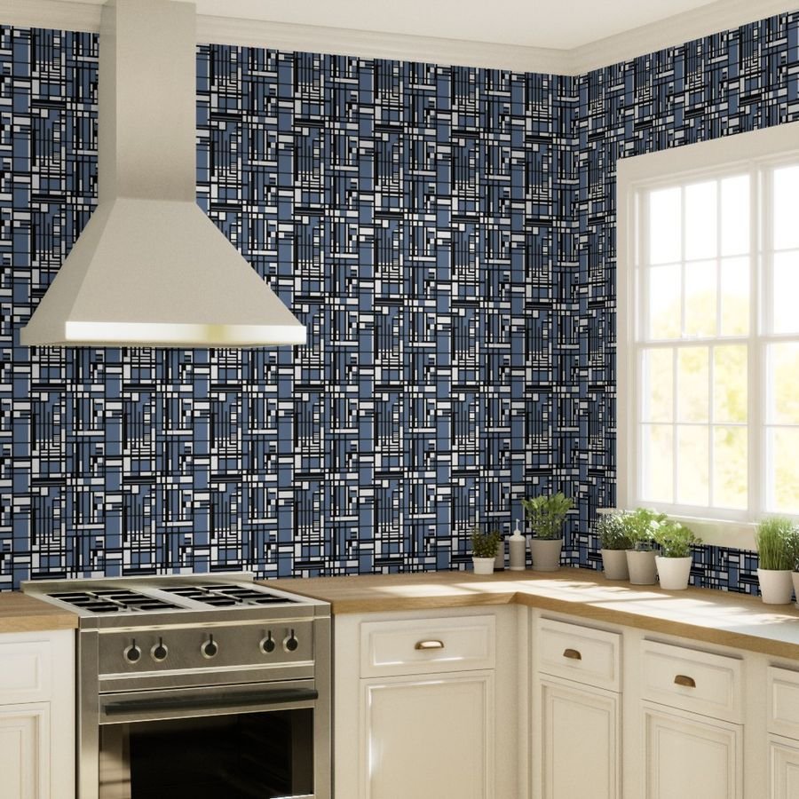 Slate Blue Modernist City Blocks Geometric Pattern Wallpaper slate blue geometric wallpaper