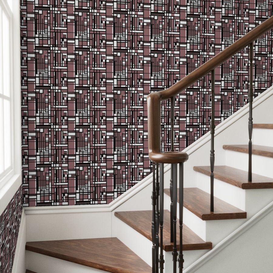 Dusty Rose Modernist City Blocks Geometric Pattern Wallpaper modern grid wallpaper
