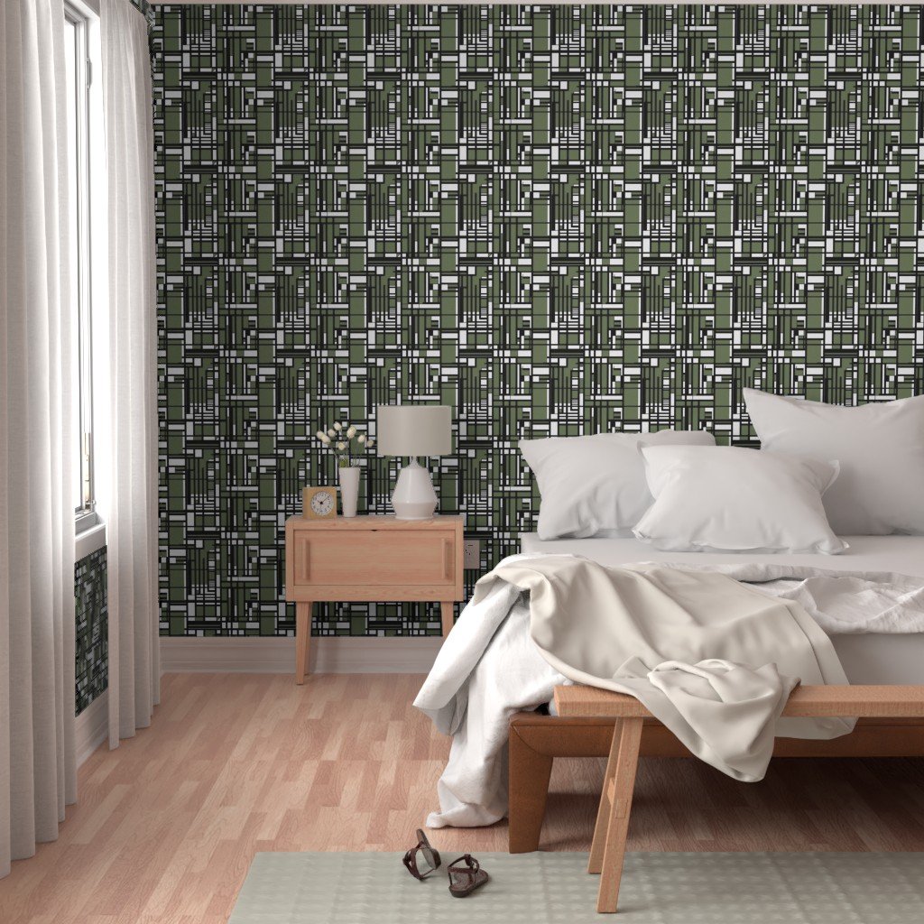 Sage Green Modernist City Blocks Geometric Pattern Wallpaper sage green geometric wallpaper