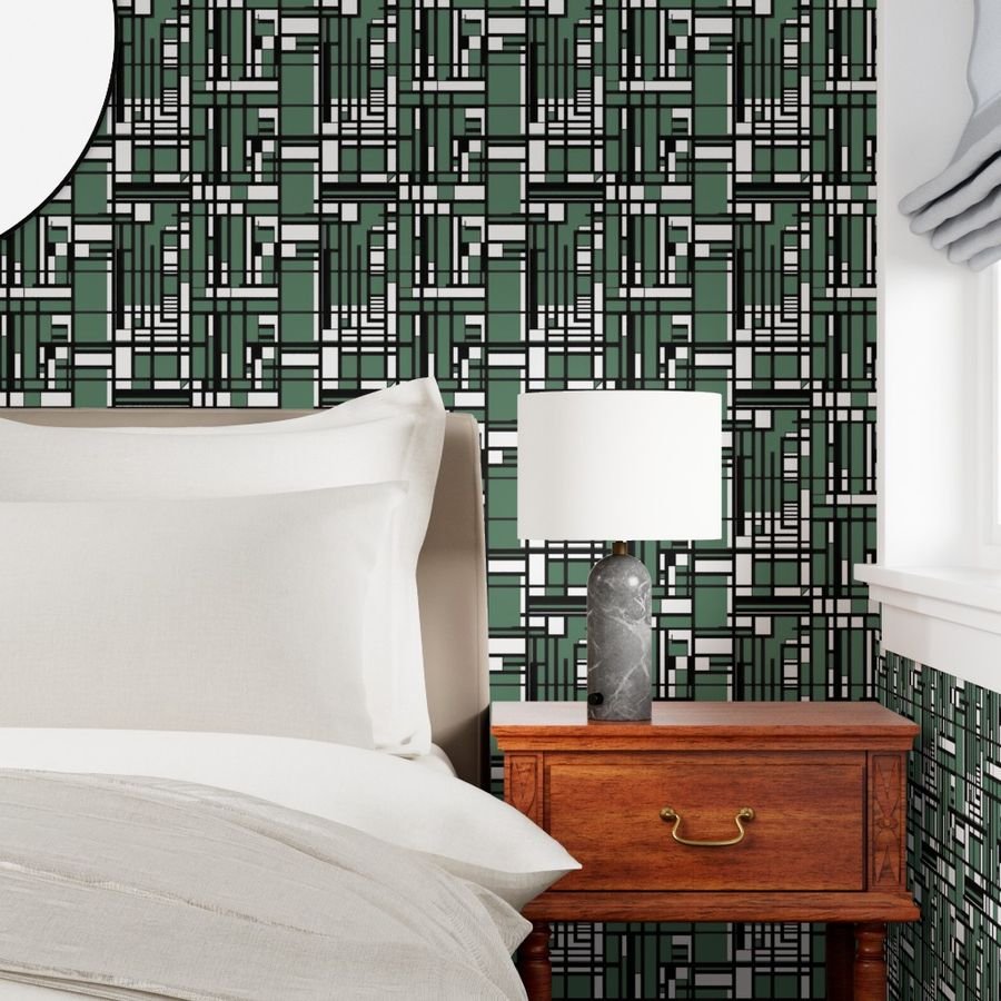 Eucalyptus Green Modernist City Blocks Geometric Pattern Wallpaper structured layout wallpaper