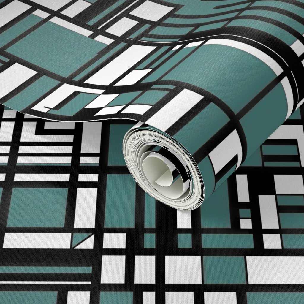 Dusty Teal Modernist City Blocks Geometric Pattern Wallpaper modern grid wallpaper