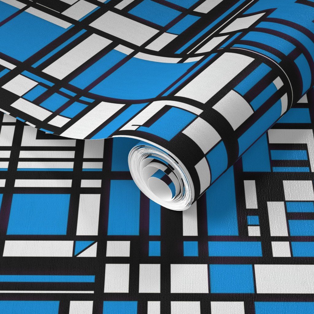 Cyan Blue Modernist City Blocks Geometric Pattern Wallpaper modern grid wallpaper