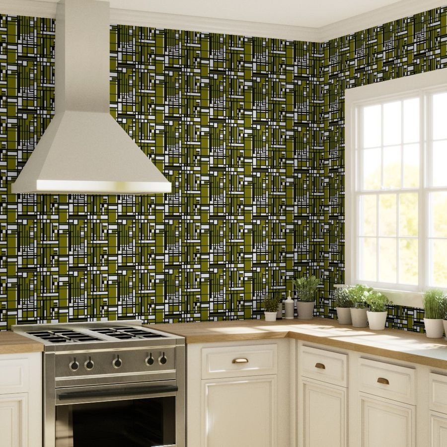 Olive Green Modernist City Blocks Geometric Pattern Wallpaper olive green wallpaper