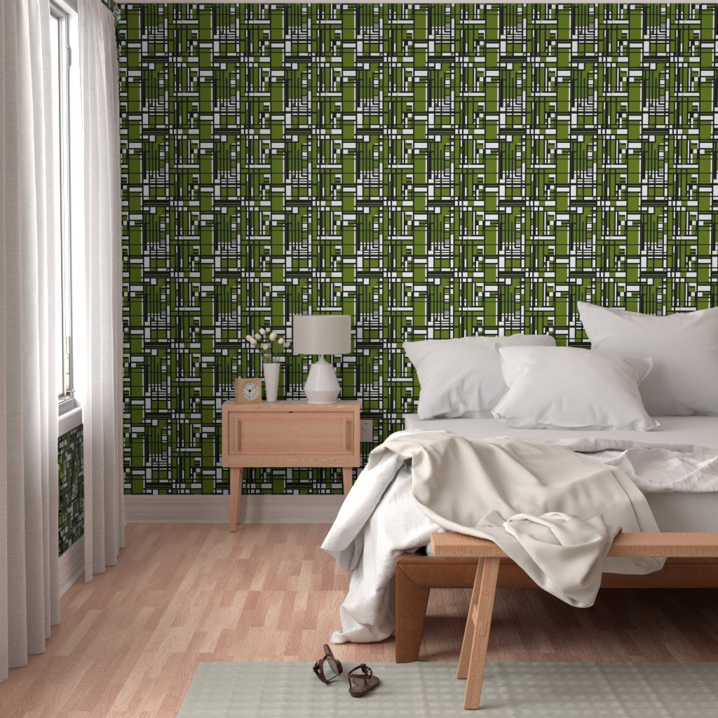 Moss Green Modernist City Blocks Geometric Pattern Wallpaper moss green geometric wallpaper