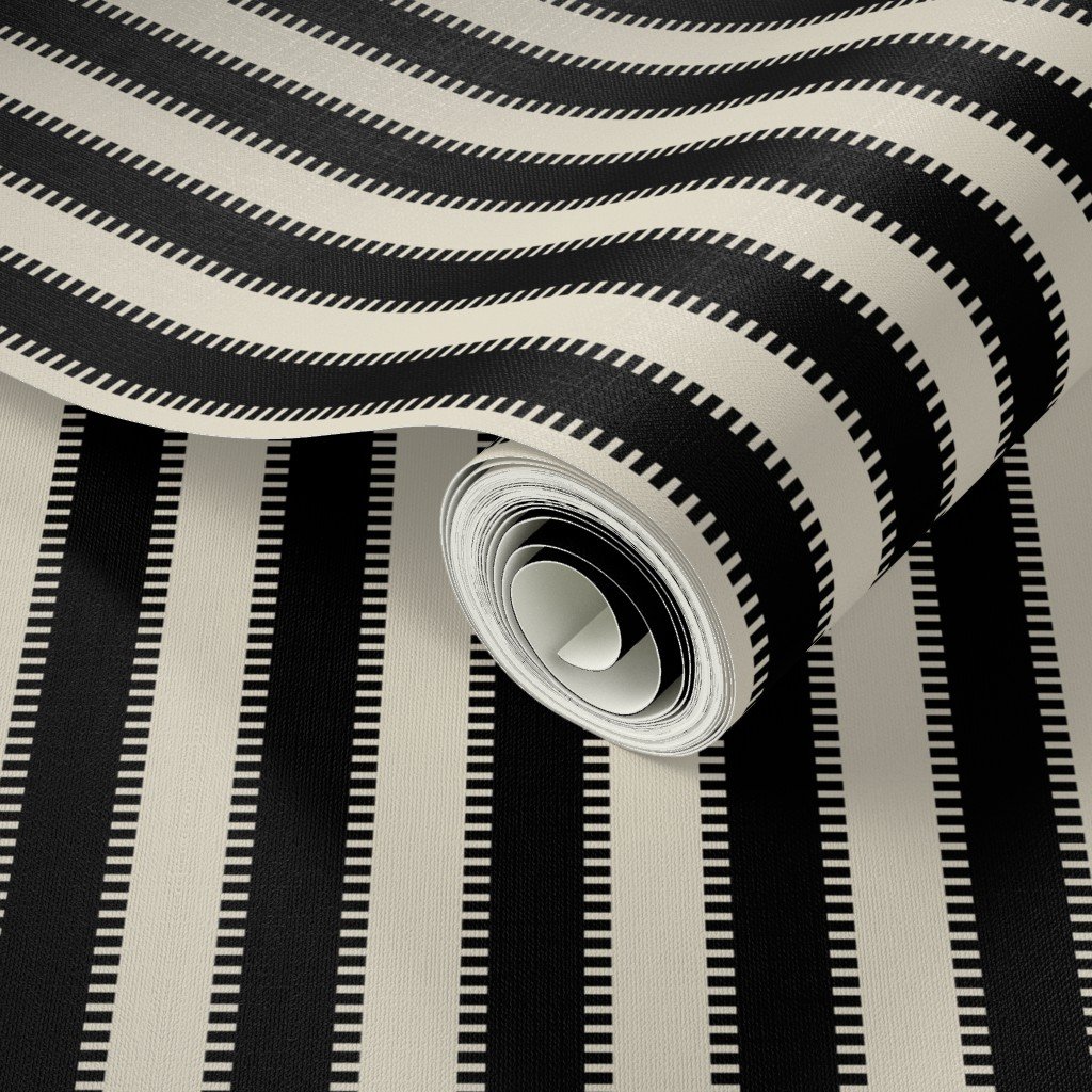 Serrated Squid Ink Black Classic Stripe on Cream Wallpaper toothed stripe wallpaper