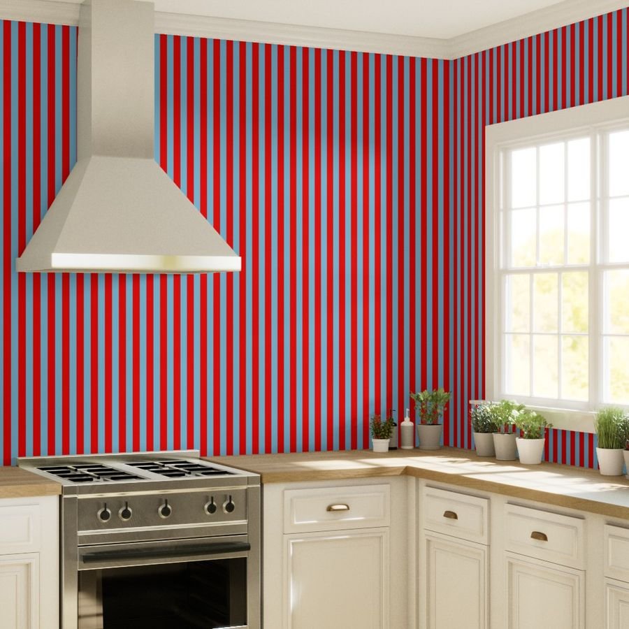 Bold Coastal Classic Red and Sky Blue Cabana Tent Stripe Wallpaper bold wallpaper