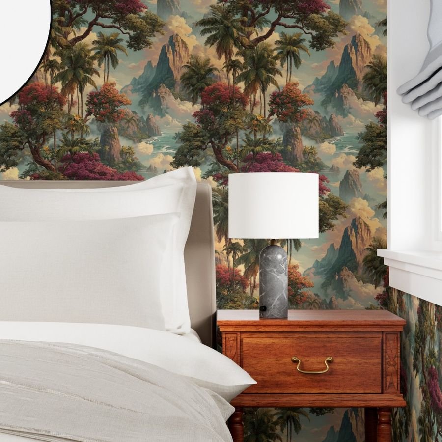 Vintage Hawaiian Watercolor Landscape with Misty Mountains and Palms Decor Collection Home Styling Collection exotic wallpaper