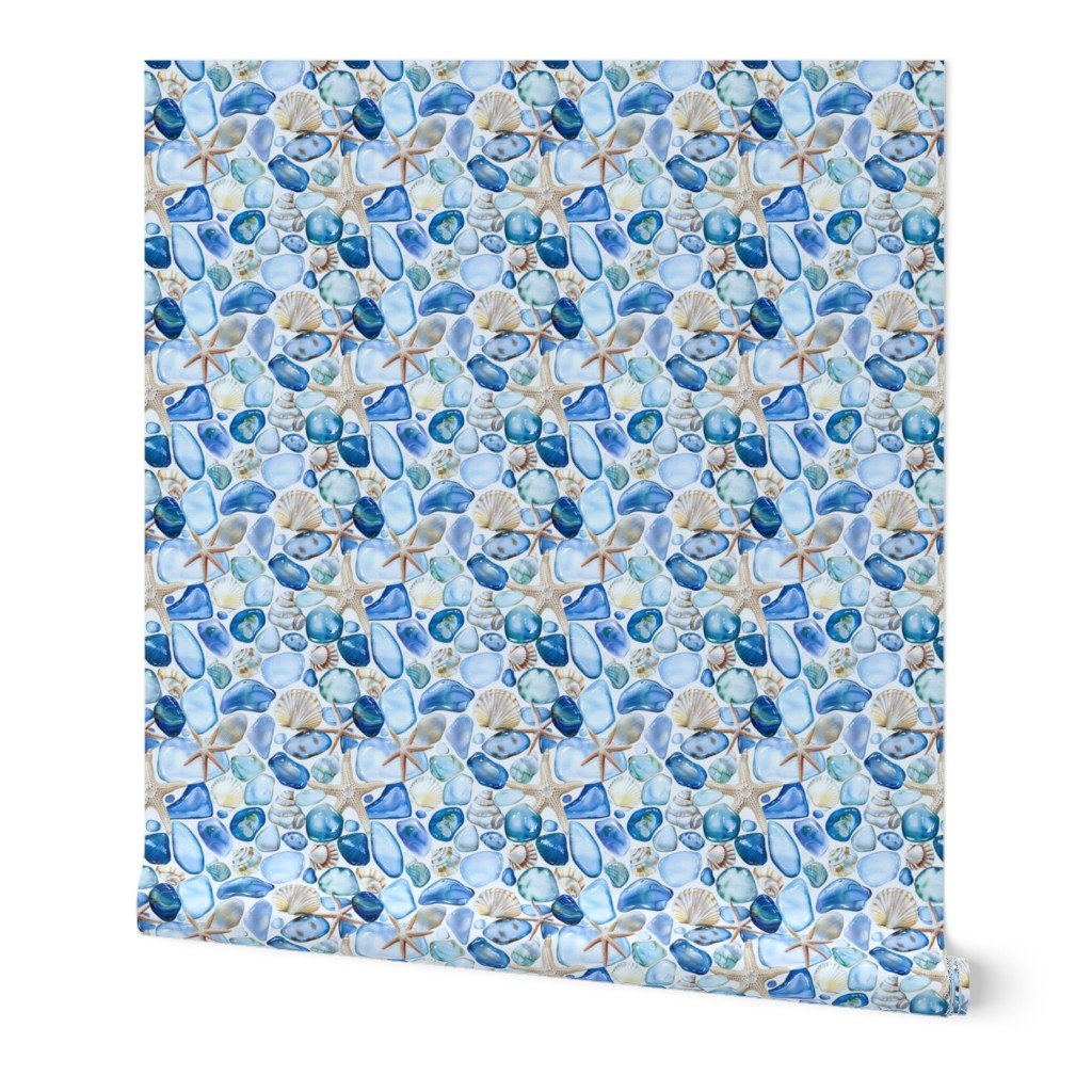 Watercolor Sea Glass Shells and Starfish Coastal Pattern in Seafoam Wallpaper beach wallpaper