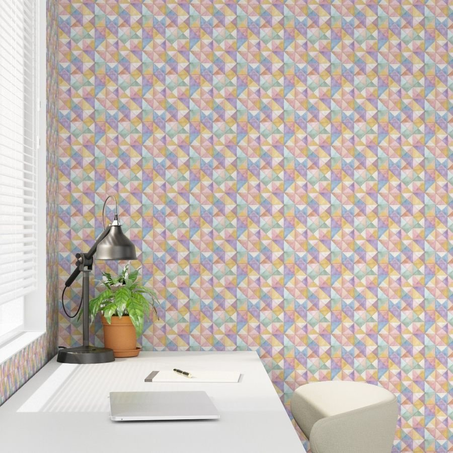 Soft Watercolor Quilted Patchwork Triangles Butter Yellow Lavender Wallpaper handmade look wallpaper