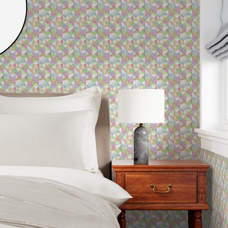 Soft Watercolor Quilted Patchwork Triangles in Spring Green and Wallpaper handmade look wallpaper