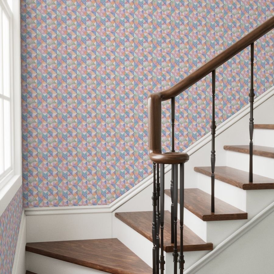 Soft Watercolor Quilted Patchwork Triangles in Peach Lavender and Wallpaper handmade look wallpaper