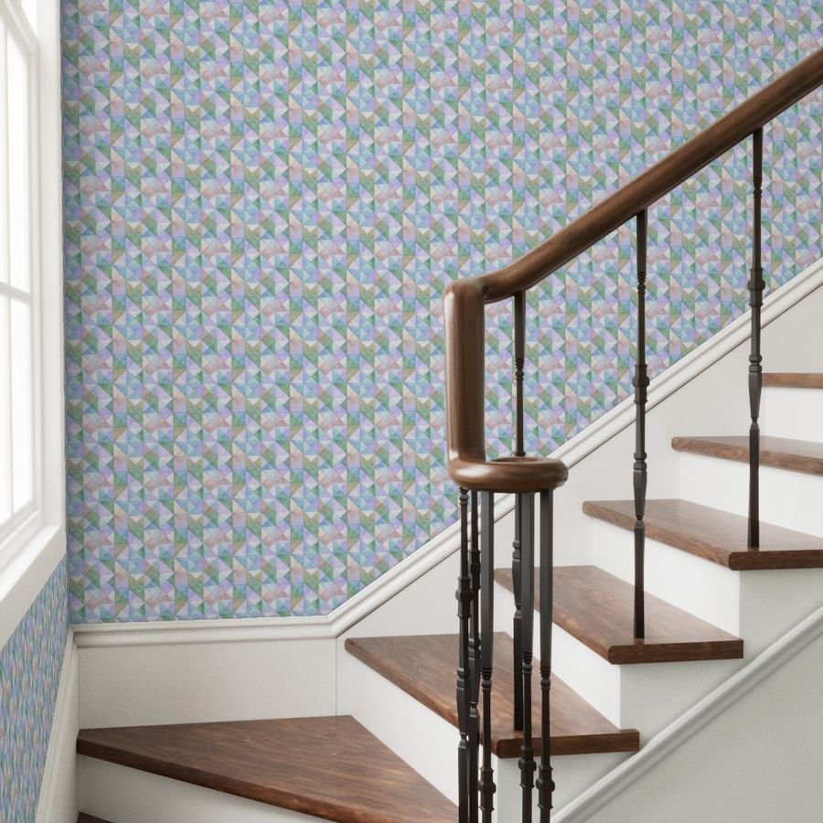 Soft Watercolor Quilted Patchwork Triangles in Mint Sage and Wallpaper handmade look wallpaper