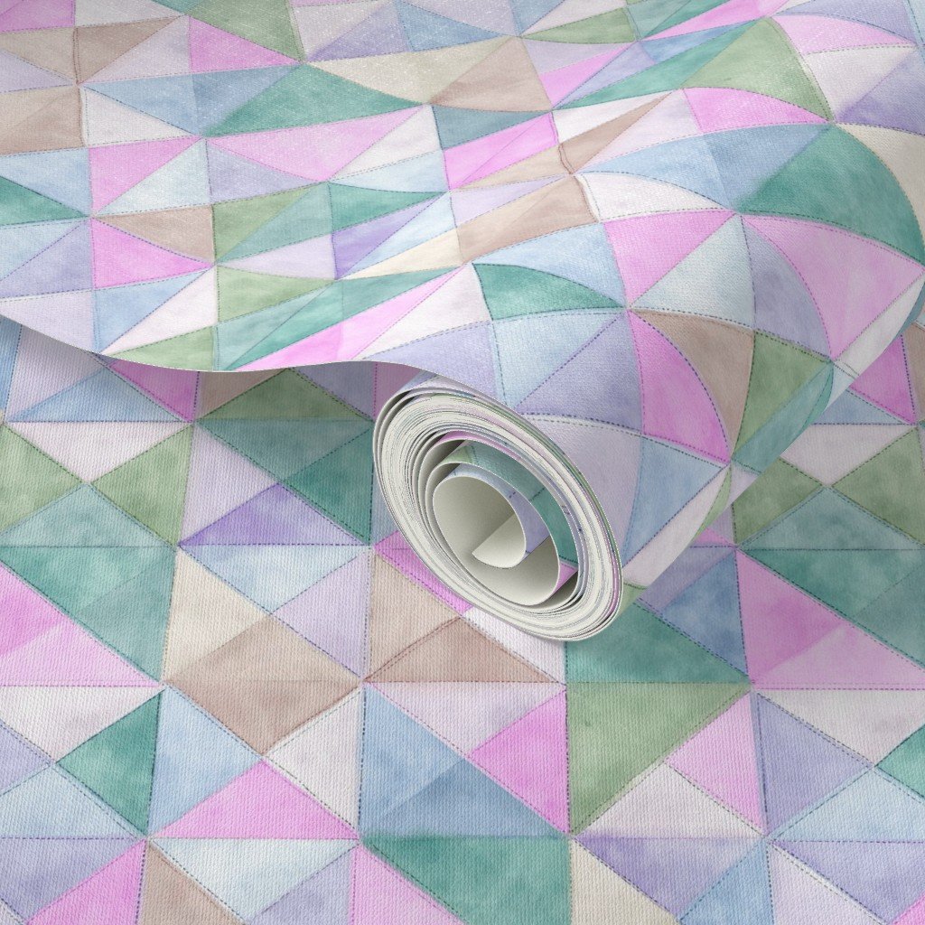 Soft Watercolor Quilted Patchwork Triangles in Pink Mint and Sage Wallpaper handmade look wallpaper