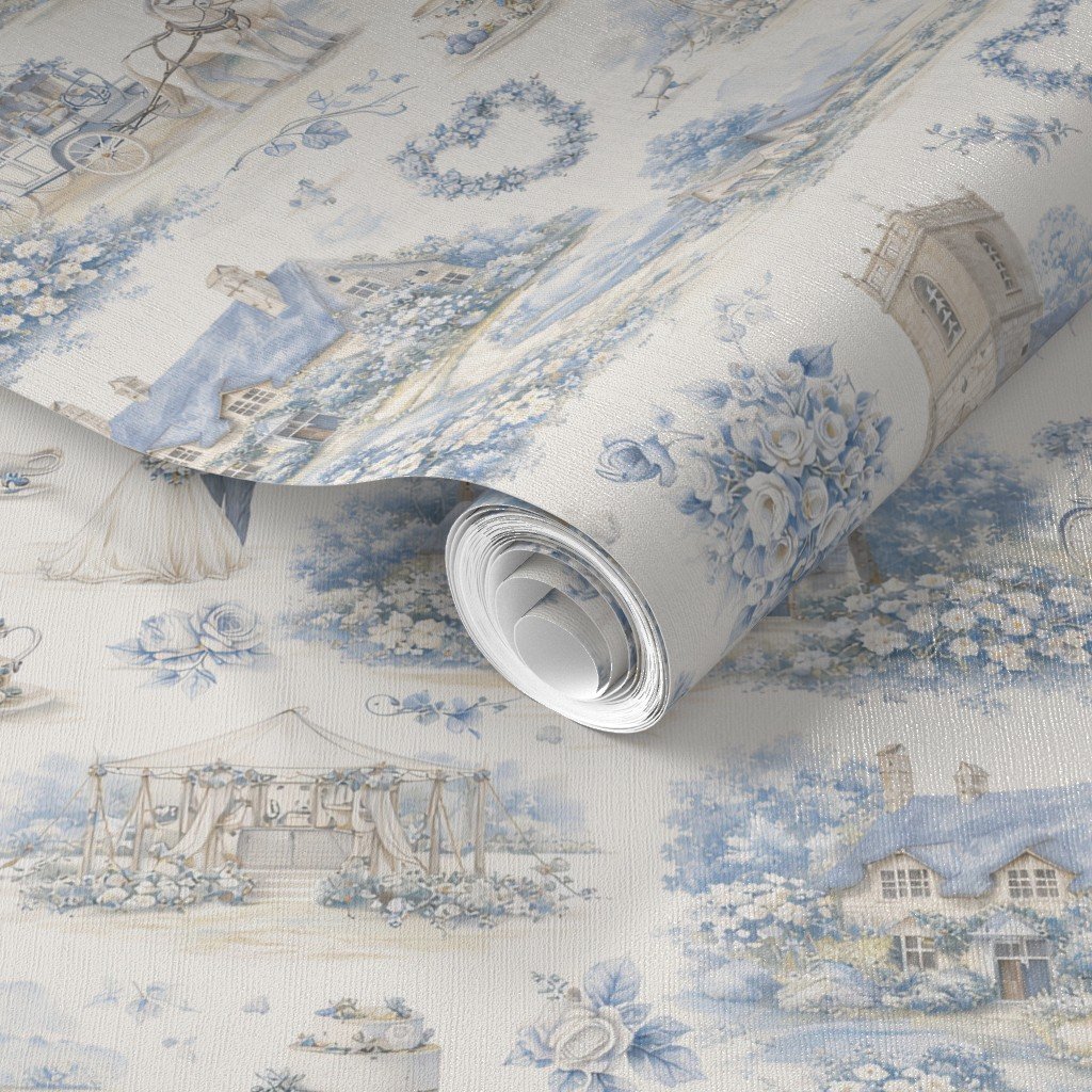 Blue English Village Wedding Toile Watercolor Pattern Wallpaper blue and white wallpaper