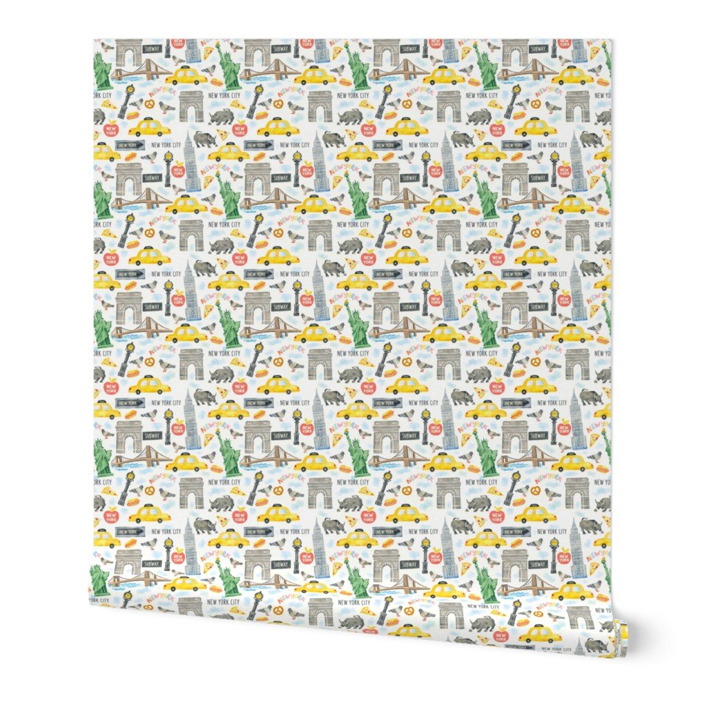 New York City Watercolor Motifs with Empire State and Statue of Wallpaper hand drawn wallpaper
