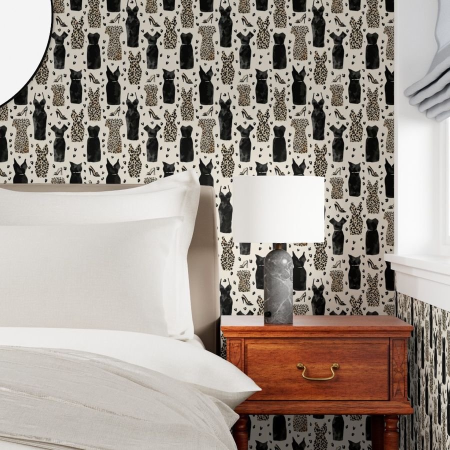 Leopard and Black Dress Fashion Pattern with Heels on Light Wallpaper statement pattern wallpaper