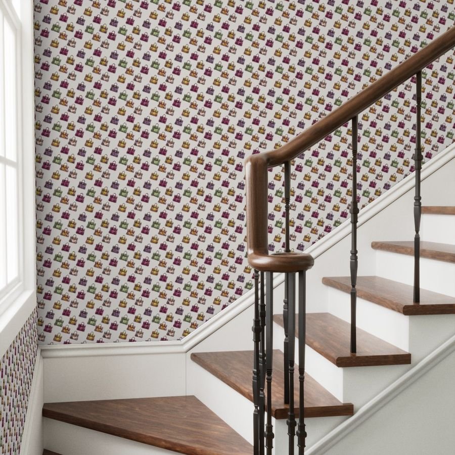 Small Scale Luxury Handbag Motif in Cool Jewel Tones Wallpaper repeat pattern wallpaper